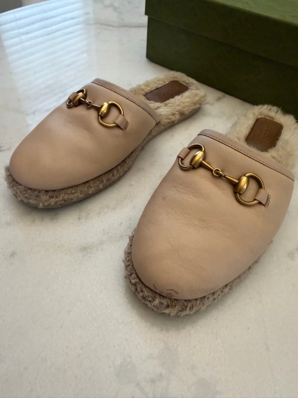 Gucci Beige Leather Fur-Lined Horsebit Mules - Picture 8 of 10